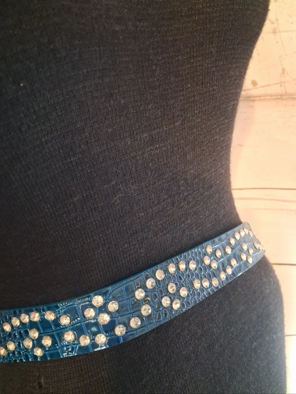 Blue Croc-Embossed Faux Leather Rhinestone Western Belt 33 To 38 Inches